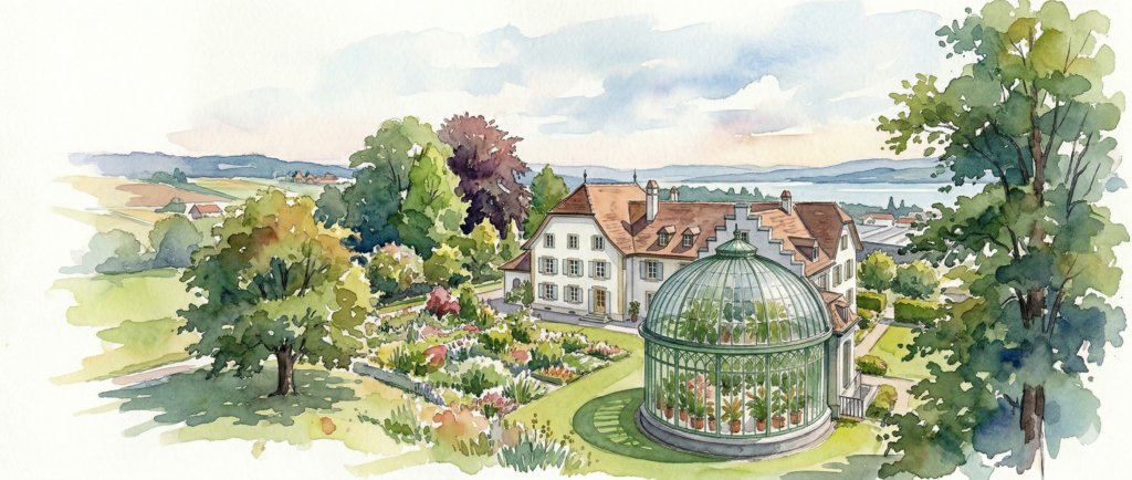 Watercolor sketch of Centre Loewenberg wedding venue, Murten Switzerland, with glass dome orangery and Lake Murten backdrop